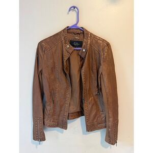 LA Coalition Brown Faux Leather Moto Jacket‎ Quilted Biker XS Womens FLAWS